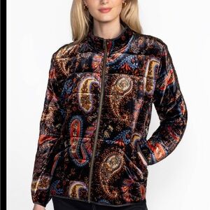 Johnny Was Black and Red Paisley velvet Dolman Quilted jacket . L, XL.